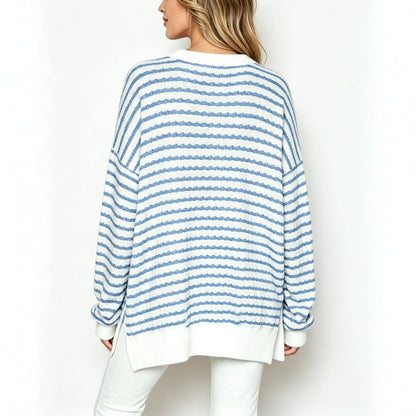 Oversized Stripe Knit Sweater Crew Neck Side Slit Pullover