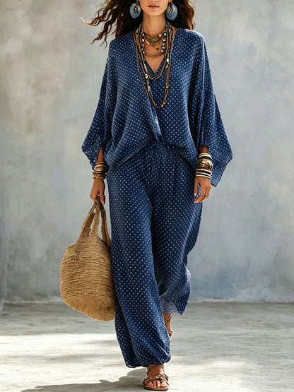 Boho Polka Dot Batwing Top and Jogger Pants Lounge Set