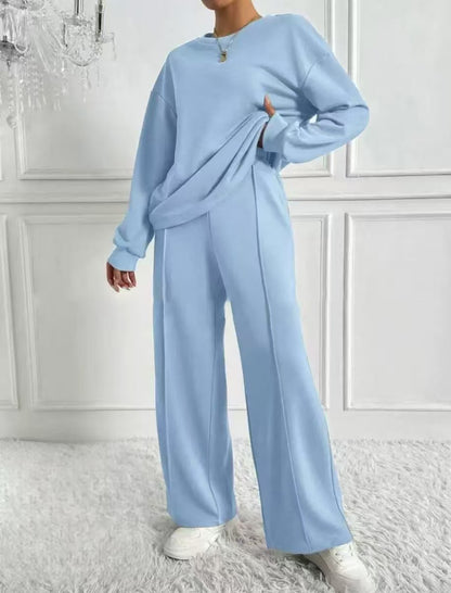 Women's Solid Crewneck Sweatshirt Wide Leg Pants Lounge Set