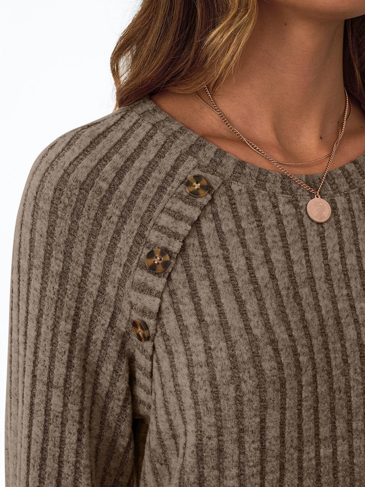Ribbed Knit Crewneck Sweatshirt with Button Detail