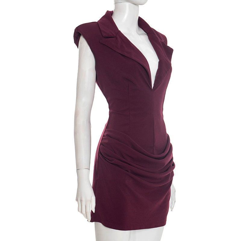 Sleeveless Deep V Blazer Ruched Bodycon Mini Dress