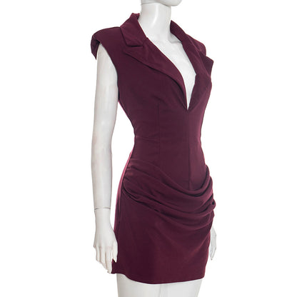 Sleeveless Deep V Blazer Ruched Bodycon Mini Dress