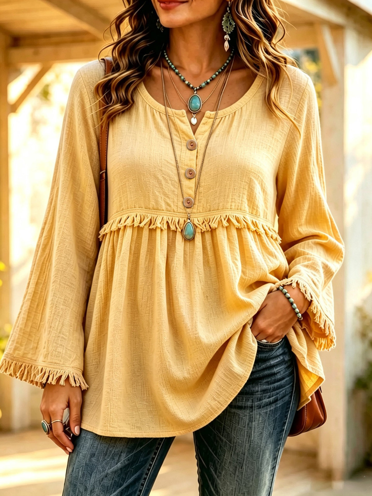 Boho Fringe Button Front Long Sleeve Casual Top