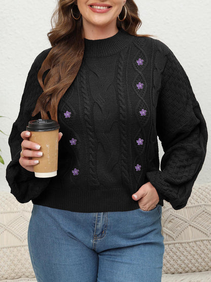 Women's Semi-turtleneck Lantern Sleeve Flower Embroidered Sweater