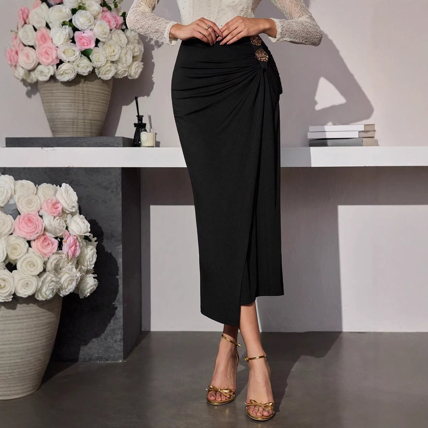 Ruched High Waist Maxi Skirt Gold Buckle Bodycon Skirt