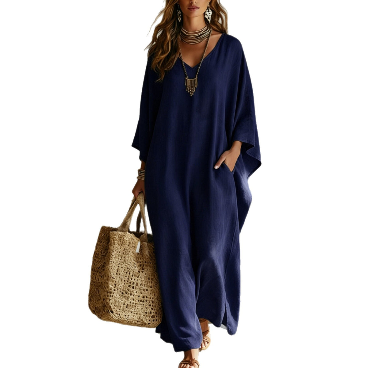 Women's Solid V-Neck Maxi Dress Loose Casual Beach