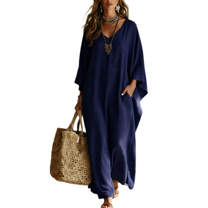 Women's Solid V-Neck Maxi Dress Loose Casual Beach