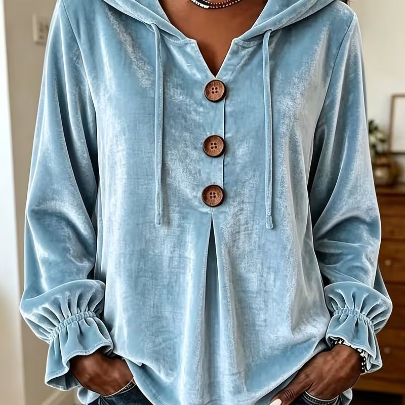Velvet Button Front Hoodie V Neck Drawstring Ruffle Sleeve