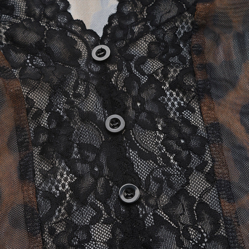 Fashion Leopard Print Sexy Mesh Stitching Horn Sleeve Onesie