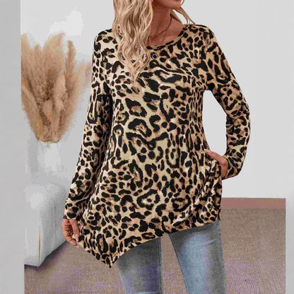 Women's Leopard Print Long Sleeve Tunic Asymmetric Hem Top