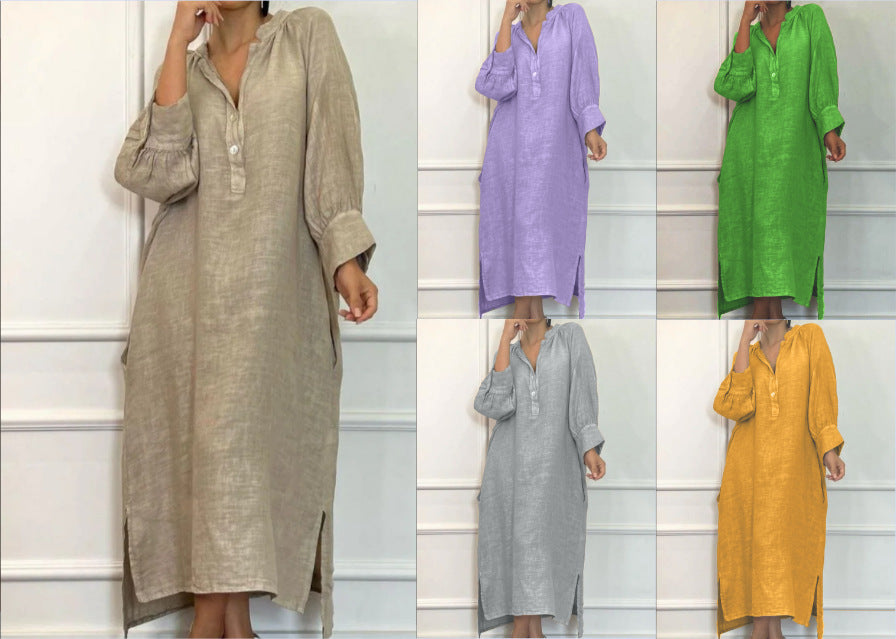 Linen Blend Long Sleeve Button Down Maxi Dress Pockets