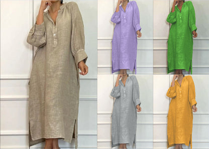 Linen Blend Long Sleeve Button Down Maxi Dress Pockets