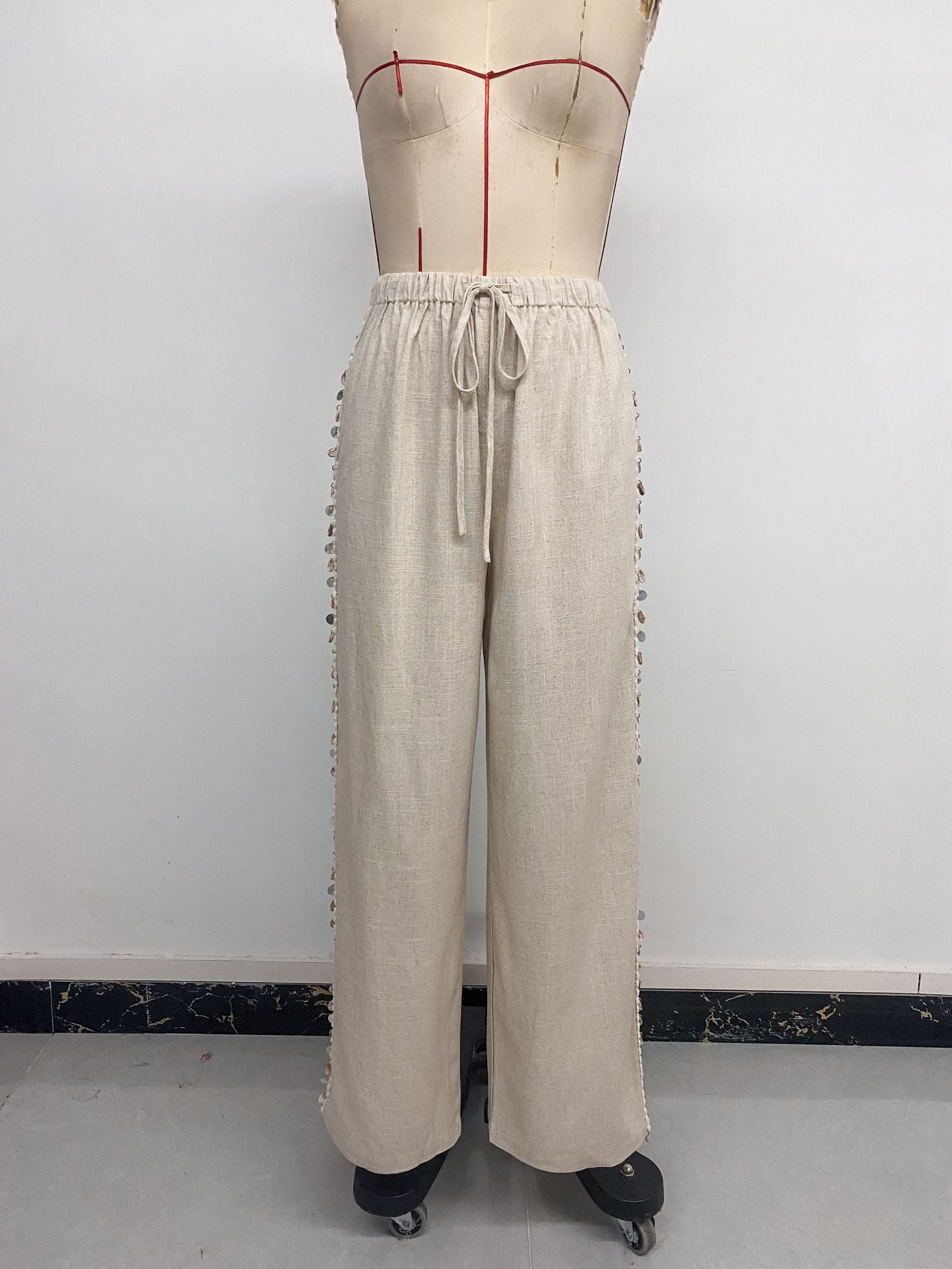 Boho Beach Wide Leg Pants Shell Trim Drawstring