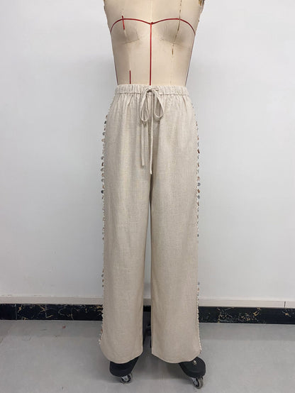 Boho Beach Wide Leg Pants Shell Trim Drawstring