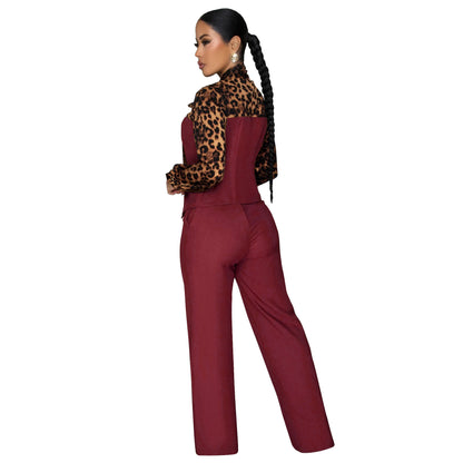 Leopard Print Tie Neck Blouse & Wide Leg Pants Set