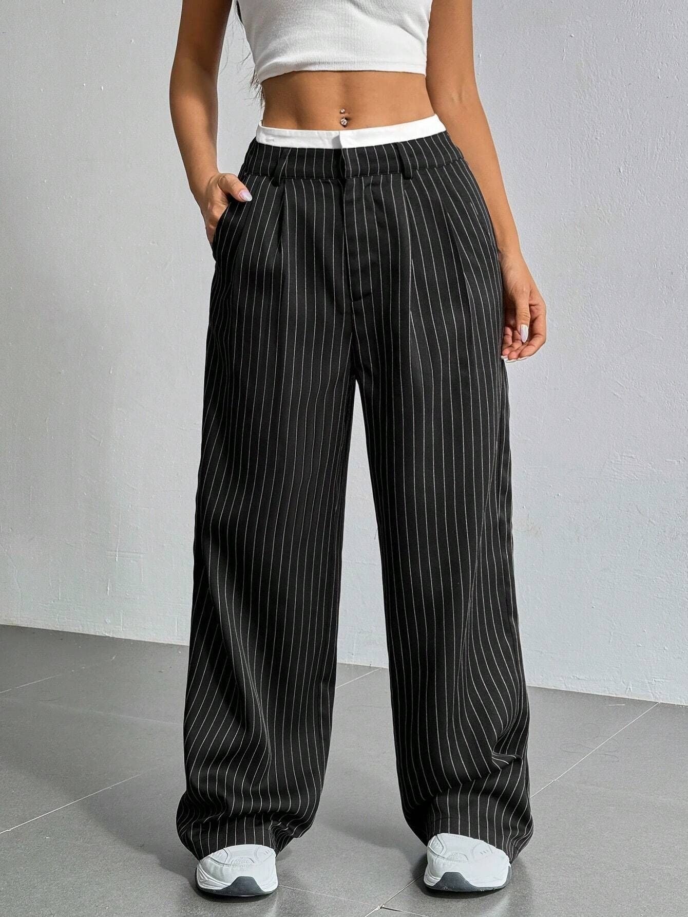 Women's High Waist Striped Wide Leg Trousers