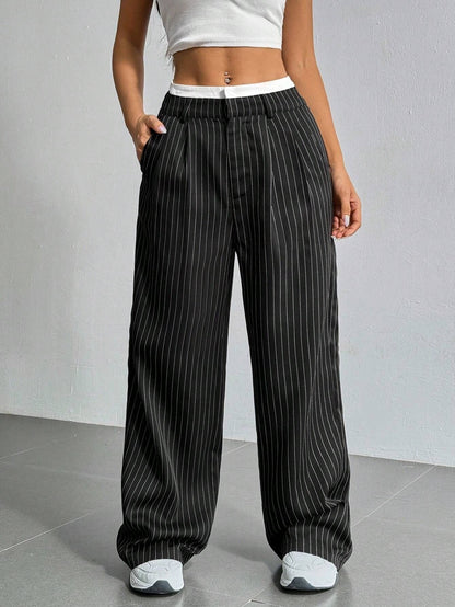 Women's High Waist Striped Wide Leg Trousers