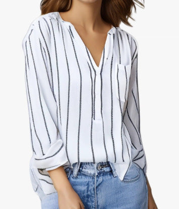 Women's Striped V-Neck Long Sleeve Casual Blouse