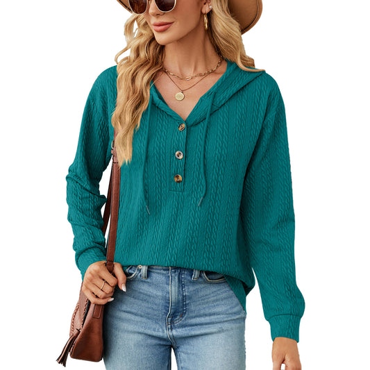 Women's Oversized V-Neck Button Hoodie Long Sleeve Top