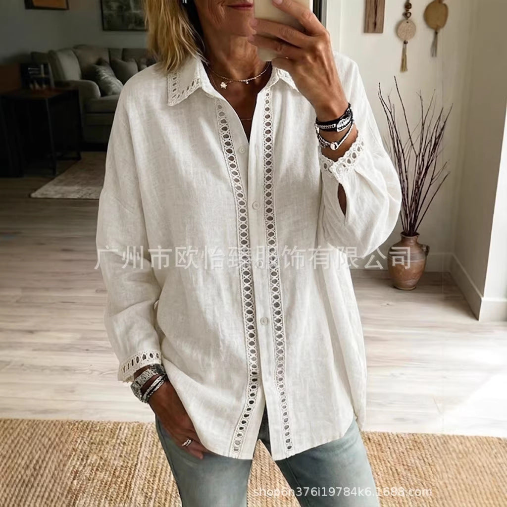 Women's Cotton Linen Lace Trim Collared Shirt