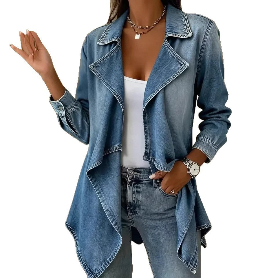 Women's Vintage Denim Duster Longline Lapel Jacket