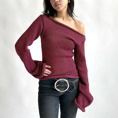 Women's Off Shoulder Ribbed Knit Top Long Sleeve Fitted