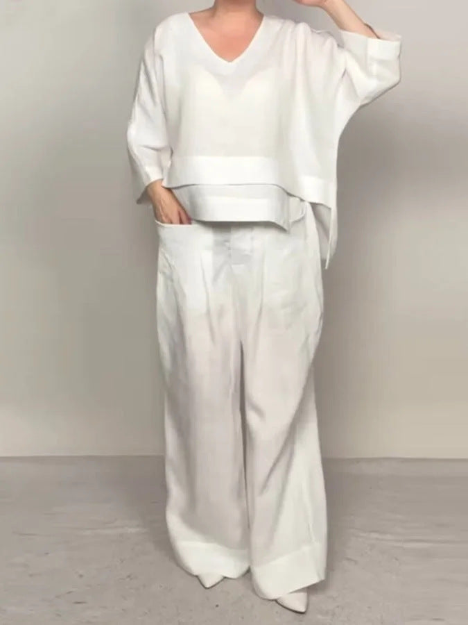 Plus Size Asymmetric Solid Matching Set Wide Leg Pants