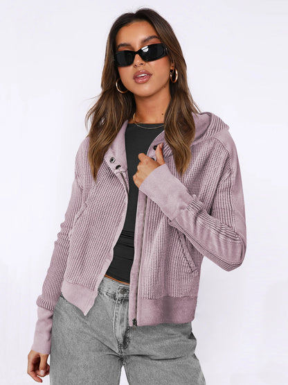 Hooded Zipper Sweater, Spliced Lazy Style Knitted Jacket