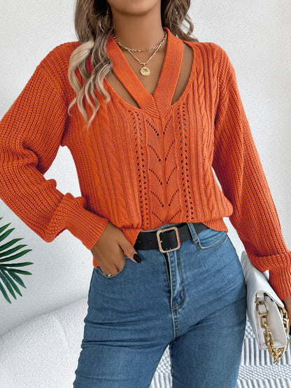 Hollow Out V Neck Cable Knit Lantern Sleeve Sweater