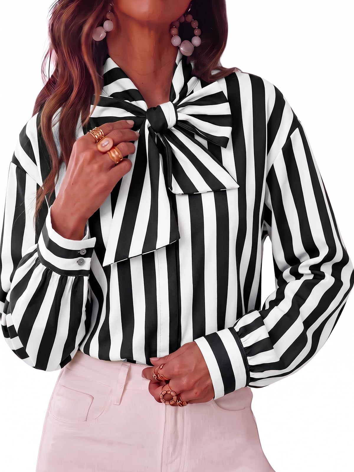 Women's Striped Tie Neck Long Sleeve Blouse Casual