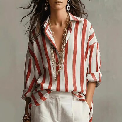 Women's Oversized Striped Collared Shirt Long Sleeve