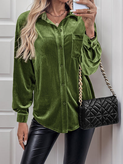 Solid Velvet Button-Up Lantern Sleeve Collared Blouse