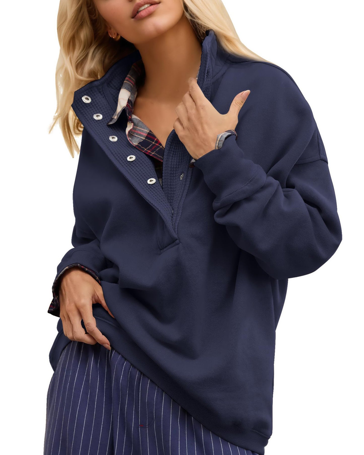 Half Snap Pullover Sweatshirt Oversized Long Sleeve