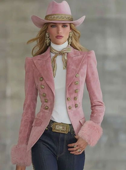 Women's Pink Suede Western Blazer Fur Cuff Jacket