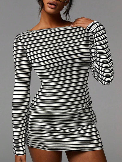 Striped Mesh Mini Dress Long Sleeve Bodycon Boat Neck