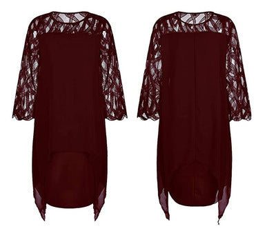 Plus Size Lace Chiffon Midi Dress Asymmetrical 3/4 Sleeve