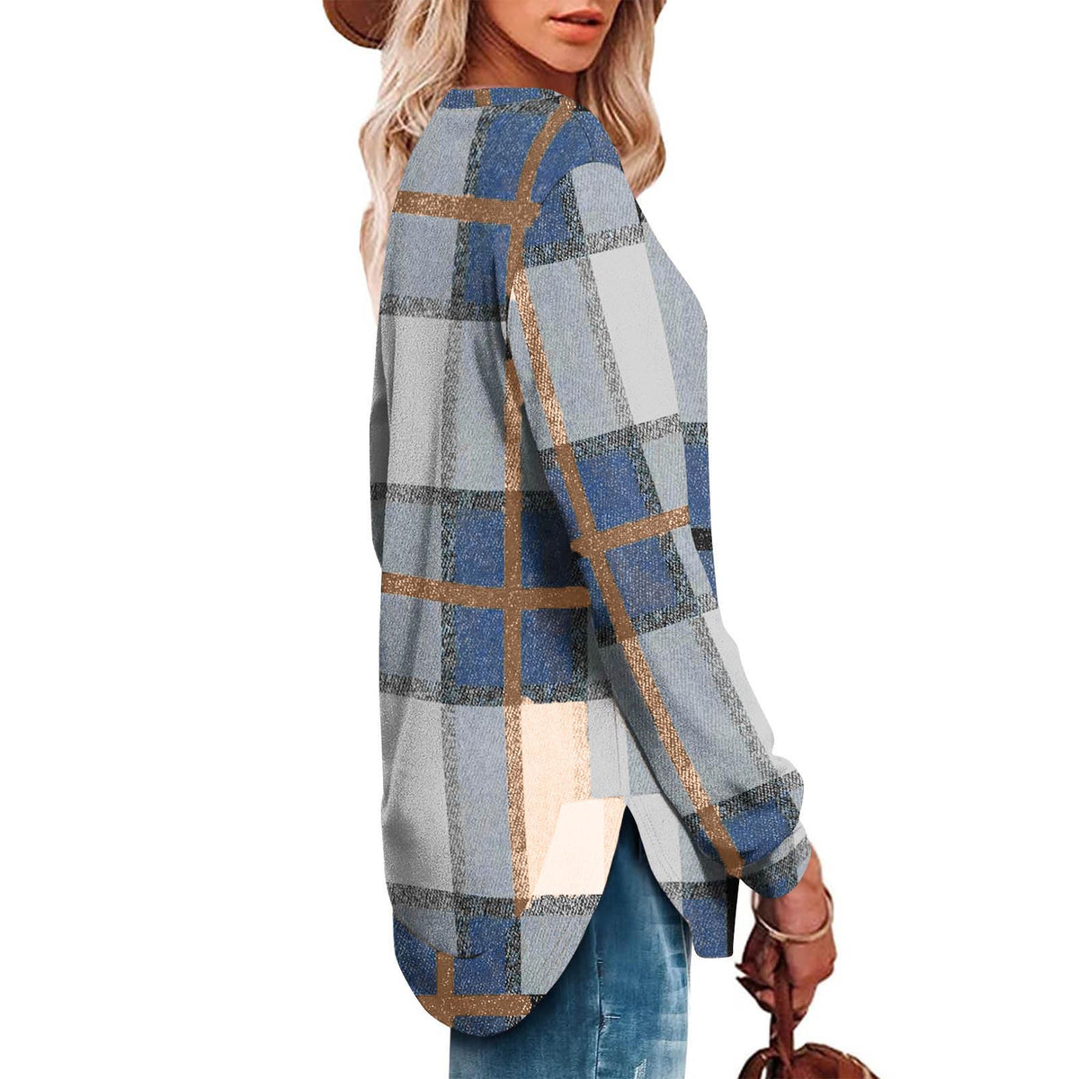 Women's Oversized Plaid Long Sleeve Tunic Top Curved Hem