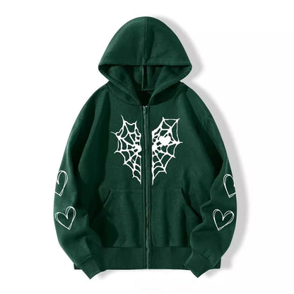 Women's Gothic Spider Web Heart Print Zip Up Hoodie