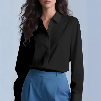 Women's Collared Work Blouse Long Sleeve Hidden Button