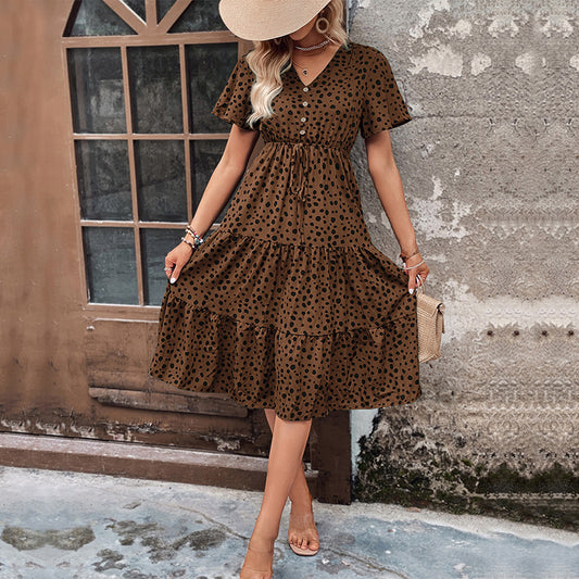 Leopard Print Tiered Midi Dress V Neck Summer Vacation Dress