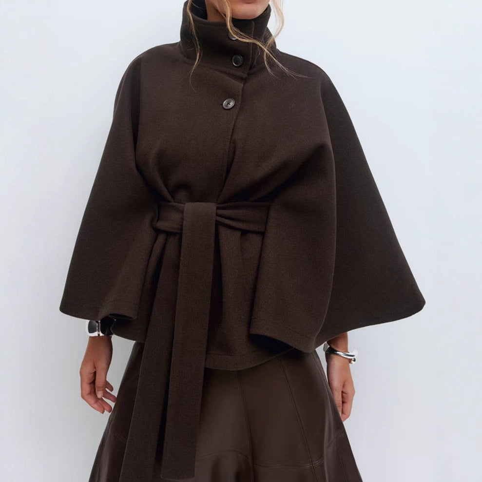 Women's Belted Cape Coat Stand Collar Button Jacket