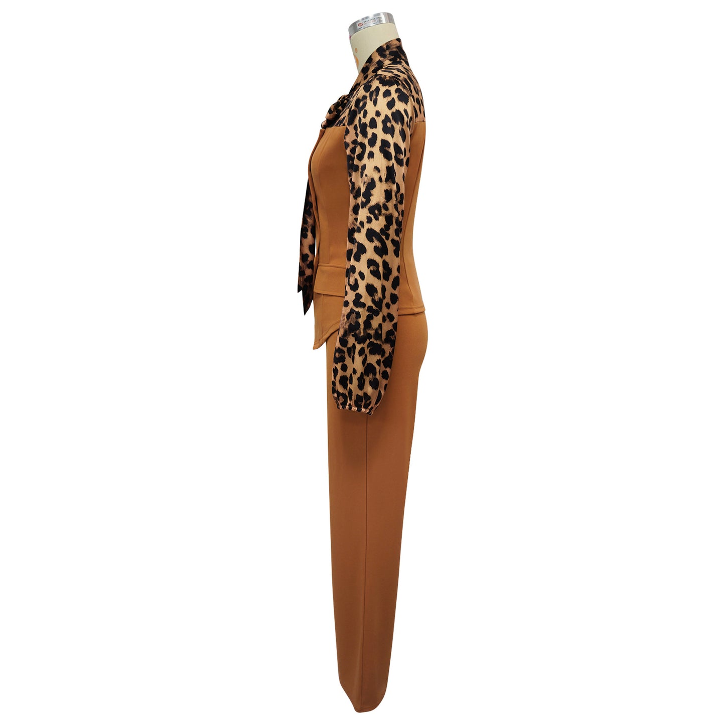 Leopard Print Tie Neck Blouse & Wide Leg Pants Set