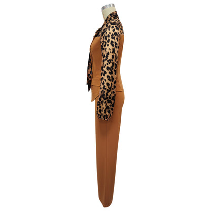 Leopard Print Tie Neck Blouse & Wide Leg Pants Set