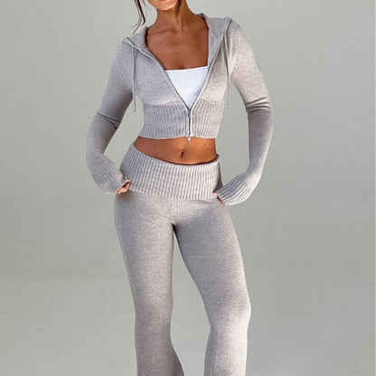 Women's 2 Piece Knit Hoodie Crop Top Pants Set