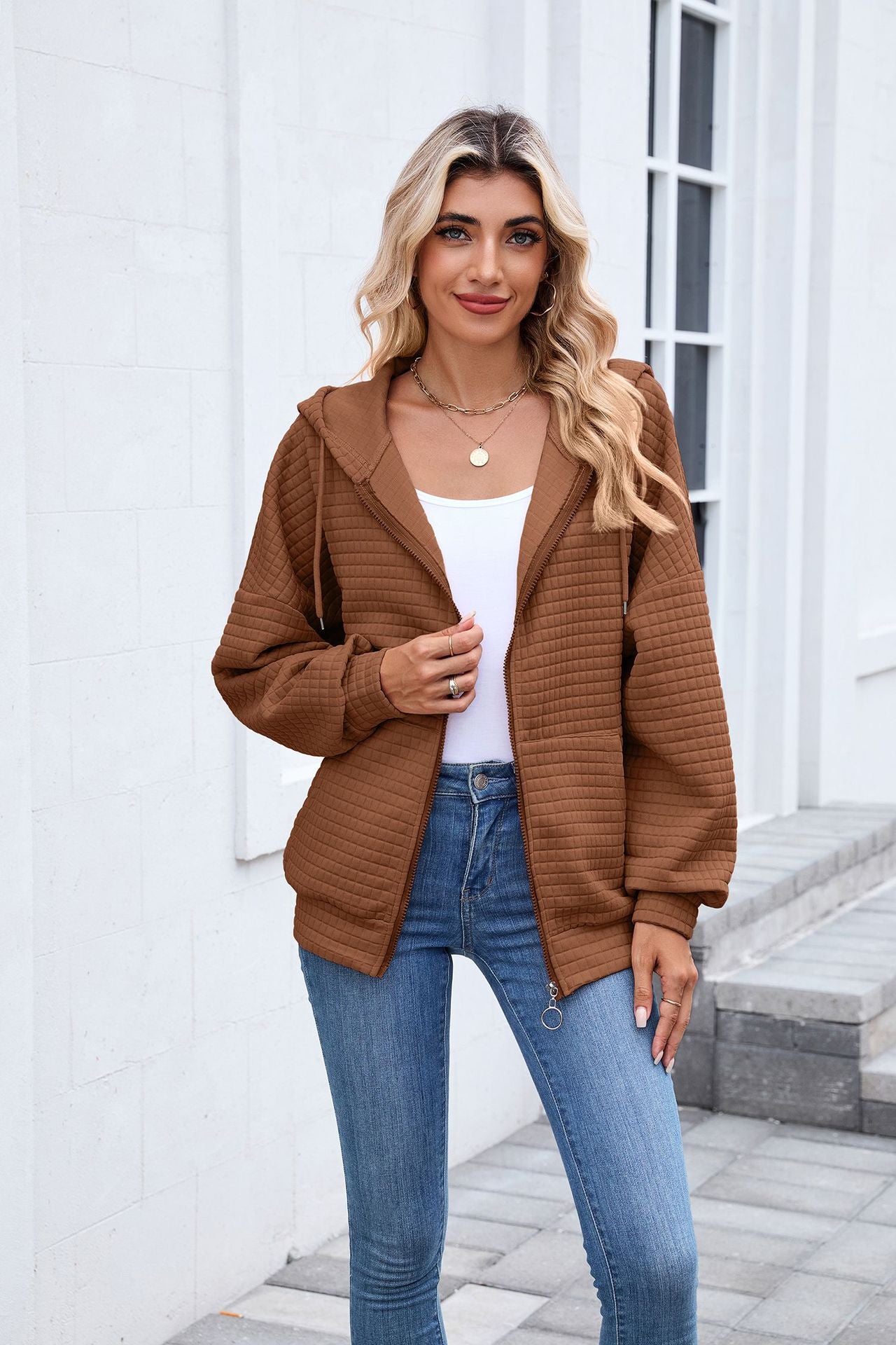 Quilted Zip Up Hooded Jacket Hoodie with Pockets