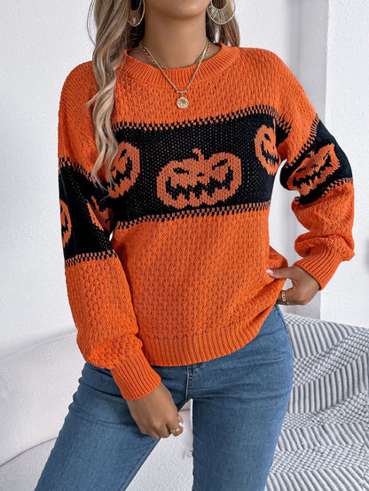 Halloween Pumpkin Pattern Colorblock Long Sleeve Sweater