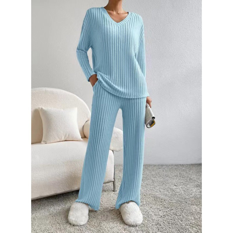 Ribbed Knit V-Neck Sweater Wide Leg Pants Set