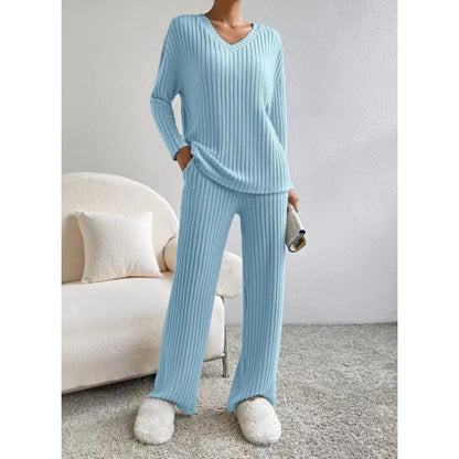 Ribbed Knit V-Neck Sweater Wide Leg Pants Set