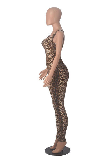 Women's Animal Print Square Neck Backless Bodycon Jumpsuit