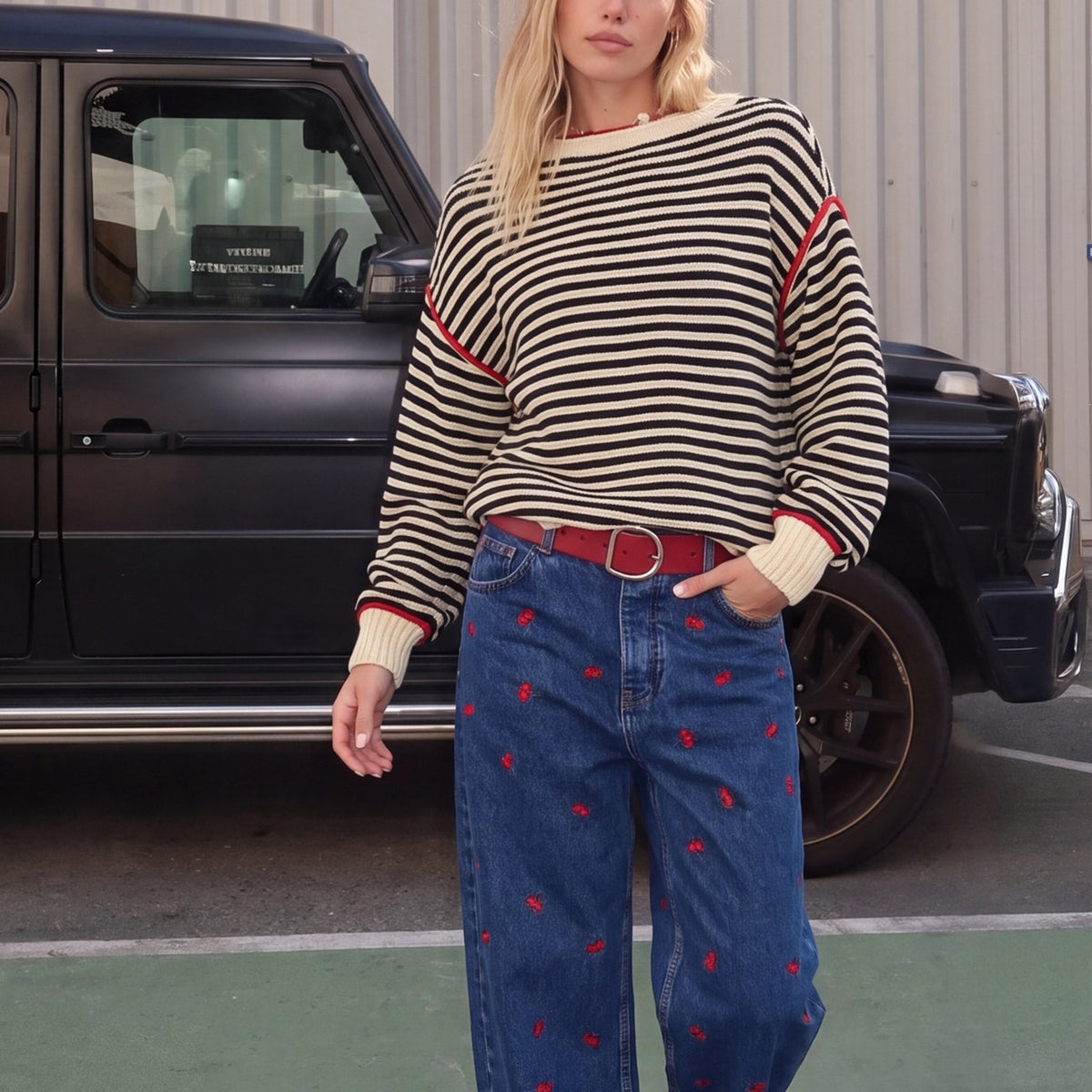 Women's Oversized Striped Crew Neck Long Sleeve Sweater